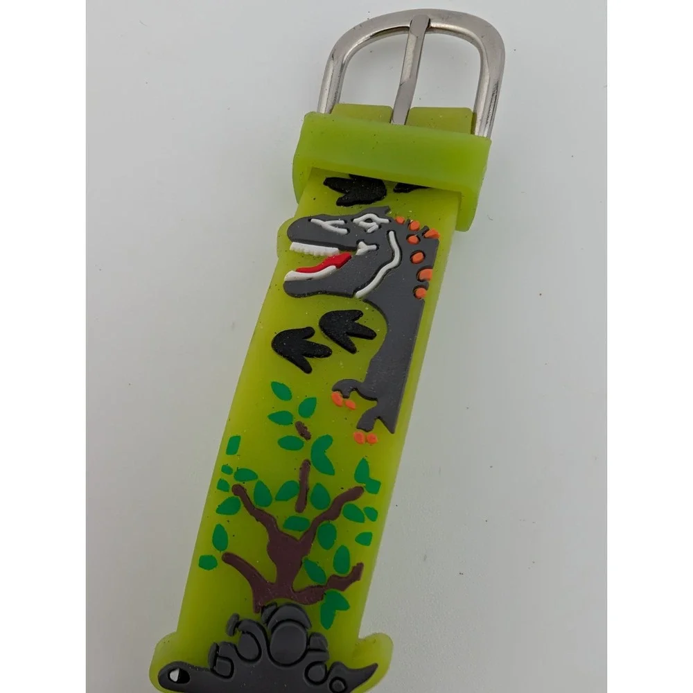 Kids Dinosaur Watch Silver 27mm Case Green‎ Silicone Band- New Battery
